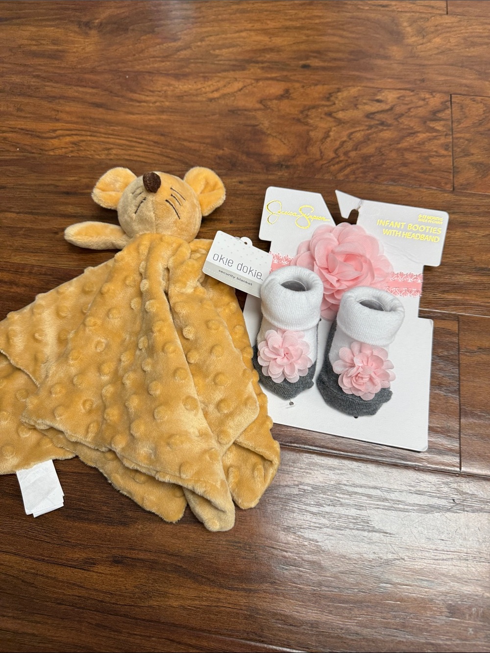 okie dokie Pink Flower Infant Booties with Mustard Plush Lovey